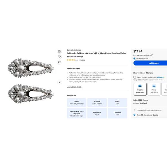 Believe by Brilliance Fine Silver Plated Pearl Cubic Zirconia Hair Clips Pair - Picture 6 of 6
